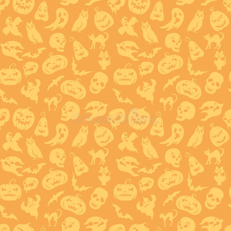 Halloween seamless pattern on orange background with skulls, pumpkin, bat, ghost, etc. Halloween seamless pattern on orange background with skulls, pumpkin, bat, ghost, etc