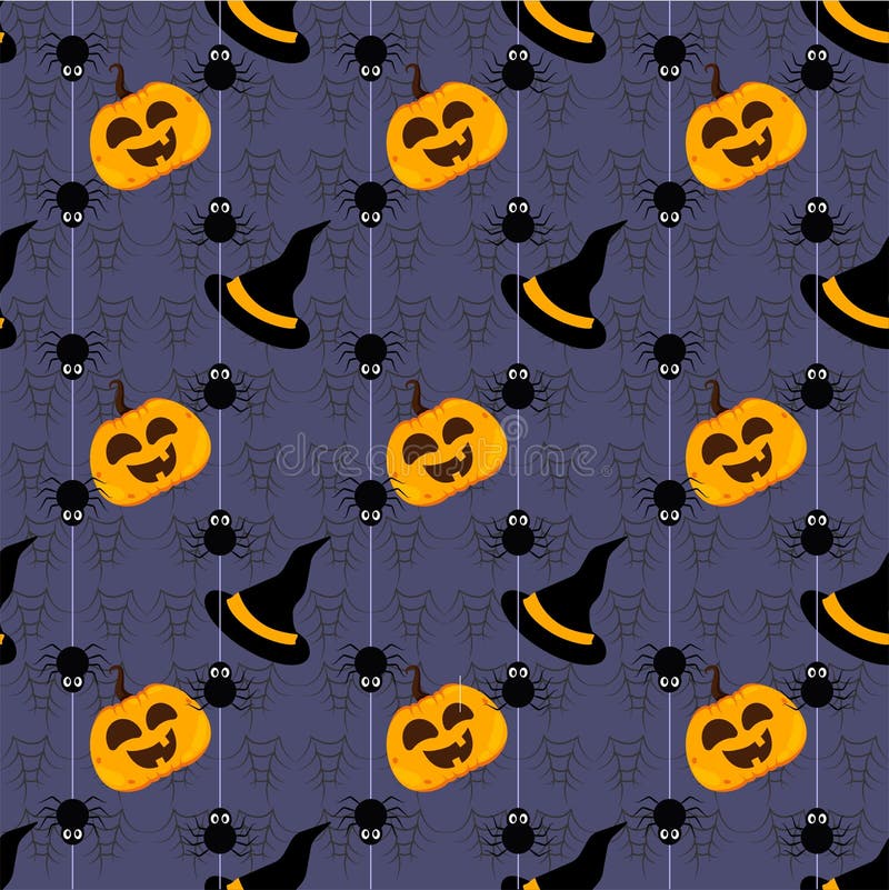 Modello senza cuciture di Halloween con il cappello della zucca, del ragno e della strega - vettore illustrazione vettoriale Modello senza cuciture di Halloween con il cappello della zucca, del ragno e della strega - vettore illustrazione vettoriale
