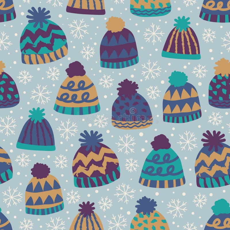 Modello senza cuciture di inverno con i cappucci ed i fiocchi di neve illustrazione vettoriale Modello senza cuciture di inverno con i cappucci ed i fiocchi di neve illustrazione vettoriale