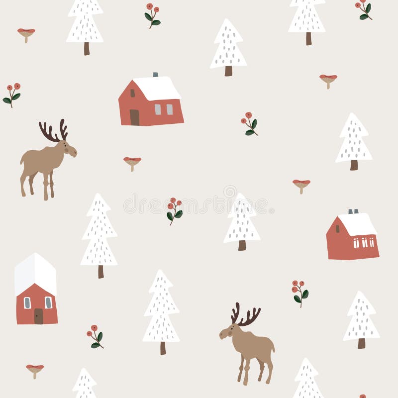 Modello senza cuciture di Natale festivo sveglio con le alci, le case rosse, gli abeti della neve e le bacche Nordico disegnato a illustrazione di stock Modello senza cuciture di Natale festivo sveglio con le alci, le case rosse, gli abeti della neve e le bacche Nordico disegnato a illustrazione di stock