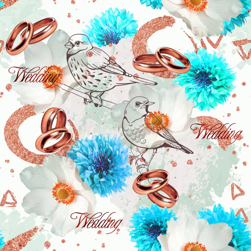 Modello senza cuciture di nozze con i fiori, gli uccelli e gli anelli bianchi e blu illustrazione vettoriale Modello senza cuciture di nozze con i fiori, gli uccelli e gli anelli bianchi e blu illustrazione vettoriale