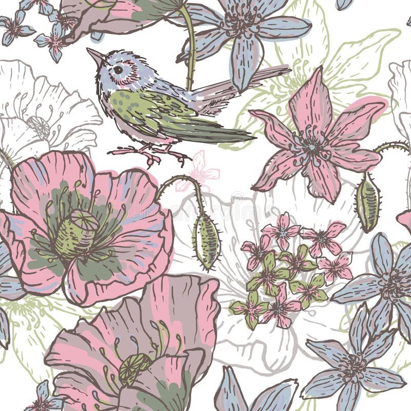 Modello senza cuciture di tema botanico disegnato a mano con l'uccello illustrazione di stock Modello senza cuciture di tema botanico disegnato a mano con l'uccello illustrazione di stock