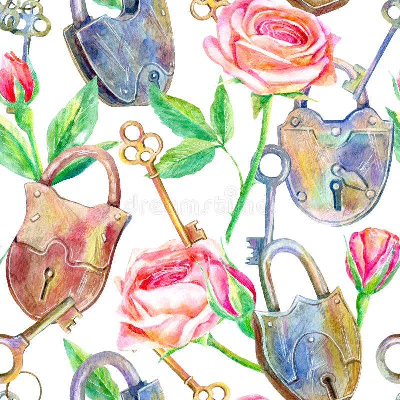 Modello senza cuciture di un lucchetto, di una chiave e delle rose Briar ed erbe illustrazione di stock Modello senza cuciture di un lucchetto, di una chiave e delle rose Briar ed erbe illustrazione di stock