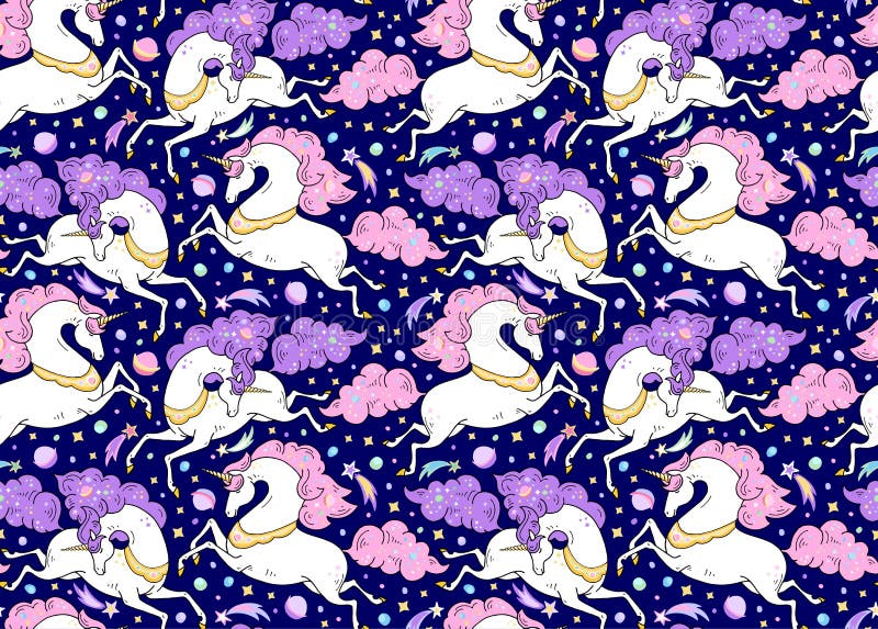 Modello senza cuciture di vettore con gli animali mitici Unicorni bianchi svegli galoppanti con il corno dorato, rosa, criniera v royalty illustrazione gratis Modello senza cuciture di vettore con gli animali mitici Unicorni bianchi svegli galoppanti con il corno dorato, rosa, criniera v royalty illustrazione gratis