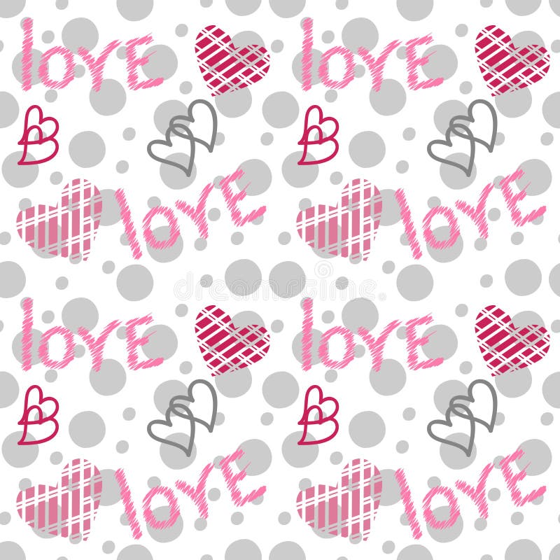 Modello senza cuciture di vettore con i cuori e l'iscrizione Scrittura grigia e rosa di amore illustrazione di stock Modello senza cuciture di vettore con i cuori e l'iscrizione Scrittura grigia e rosa di amore illustrazione di stock