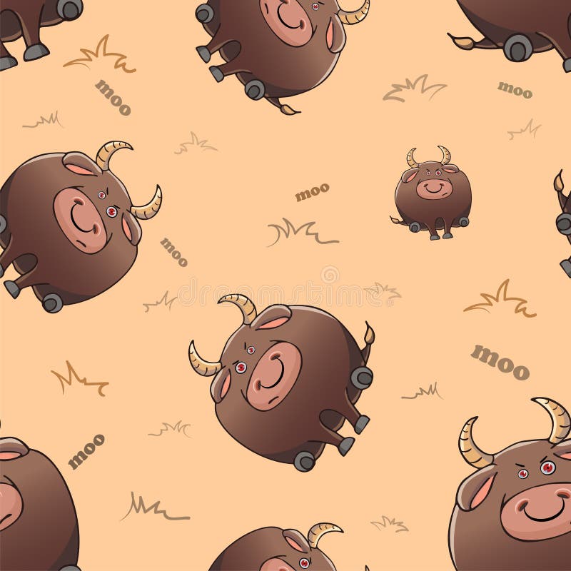 Modello senza cuciture di vettore con i tori severi grassi del fumetto sveglio Animali divertenti Bestie in modo divertente spess illustrazione di stock Modello senza cuciture di vettore con i tori severi grassi del fumetto sveglio Animali divertenti Bestie in modo divertente spess illustrazione di stock