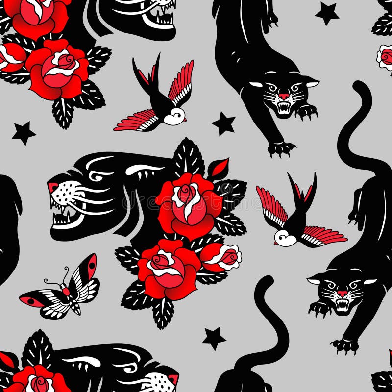 Modello senza cuciture di vettore con le rose del tatuaggio, le pantere nere, gli uccelli e le farfalle su fondo grigio illustrazione di stock Modello senza cuciture di vettore con le rose del tatuaggio, le pantere nere, gli uccelli e le farfalle su fondo grigio illustrazione di stock