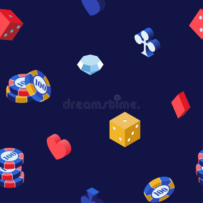 Modello senza cuciture di vettore dei giochi 3d del casinò Chip di mazza, dadi isometrici e diamante sul contesto blu Cuori, vang illustrazione di stock Modello senza cuciture di vettore dei giochi 3d del casinò Chip di mazza, dadi isometrici e diamante sul contesto blu Cuori, vang illustrazione di stock