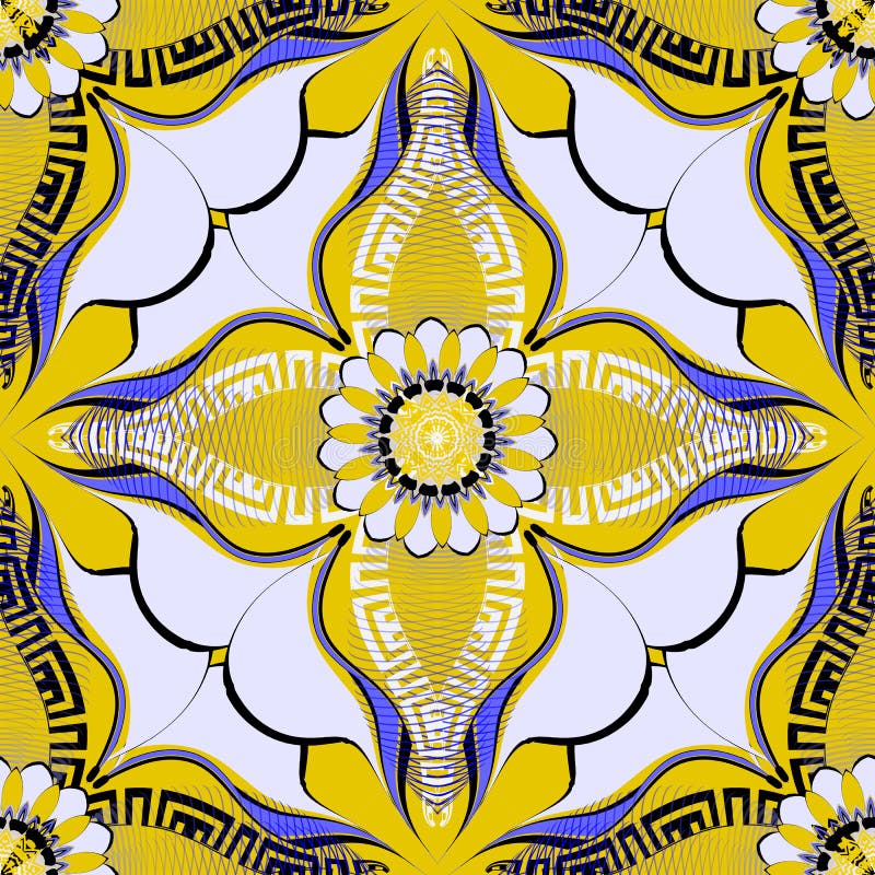 Modello senza cuciture di vettore greco astratto variopinto floreale Bello fondo geometrico ornamentale Fiori variopinti disegnat illustrazione di stock Modello senza cuciture di vettore greco astratto variopinto floreale Bello fondo geometrico ornamentale Fiori variopinti disegnat illustrazione di stock