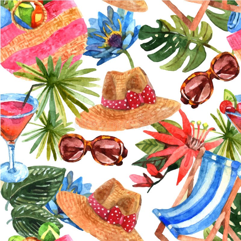 Tropical beach exotic summer vacation travel wallpaper decorative seamless pattern with sunglasses and cocktail abstract vector illustration. Tropical beach exotic summer vacation travel wallpaper decorative seamless pattern with sunglasses and cocktail abstract vector illustration