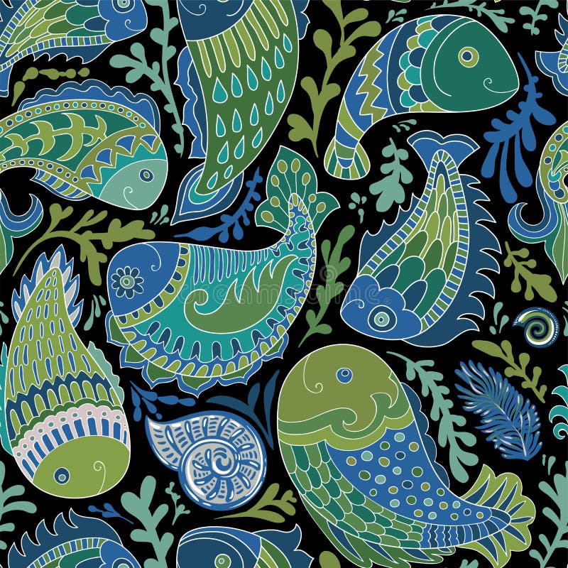 Modello senza cuciture disegnato a mano con il pesce di Paisley Pesci stilizzati come gli elementi decorativi indiani Progettazio illustrazione di stock Modello senza cuciture disegnato a mano con il pesce di Paisley Pesci stilizzati come gli elementi decorativi indiani Progettazio illustrazione di stock