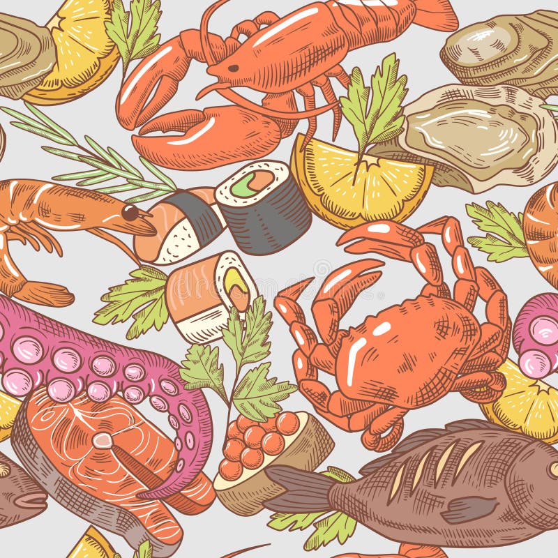 Modello senza cuciture disegnato a mano dei frutti di mare Fondo con il polipo, il granchio e l'aragosta illustrazione vettoriale Modello senza cuciture disegnato a mano dei frutti di mare Fondo con il polipo, il granchio e l'aragosta illustrazione vettoriale