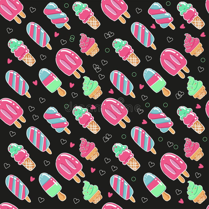 Modello senza cuciture disegnato a mano di estate sveglia con il gelato con i ghiaccioli su un fondo nero con i cuori Pu? essere illustrazione vettoriale Modello senza cuciture disegnato a mano di estate sveglia con il gelato con i ghiaccioli su un fondo nero con i cuori Pu? essere illustrazione vettoriale