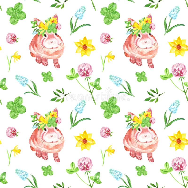 Modello senza cuciture floreale dell'acquerello con il coniglietto sveglio del bambino Su fondo bianco I fiori dell'estate e dell illustrazione di stock Modello senza cuciture floreale dell'acquerello con il coniglietto sveglio del bambino Su fondo bianco I fiori dell'estate e dell illustrazione di stock
