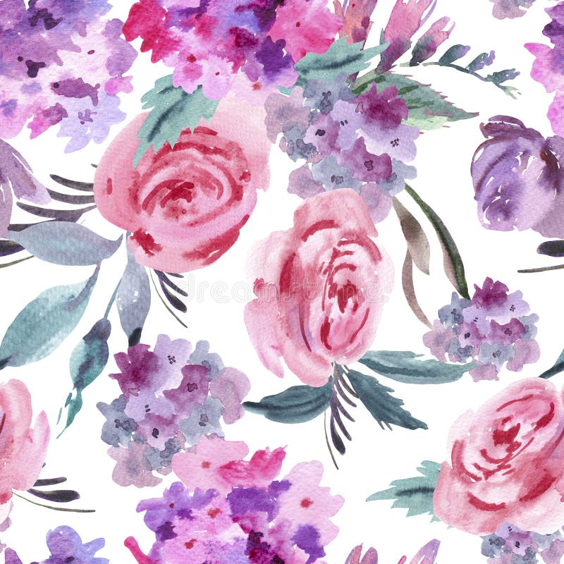 Modello senza cuciture floreale dell'acquerello con le rose, l'ortensia, le foglie ed i germogli rosa illustrazione di stock Modello senza cuciture floreale dell'acquerello con le rose, l'ortensia, le foglie ed i germogli rosa illustrazione di stock
