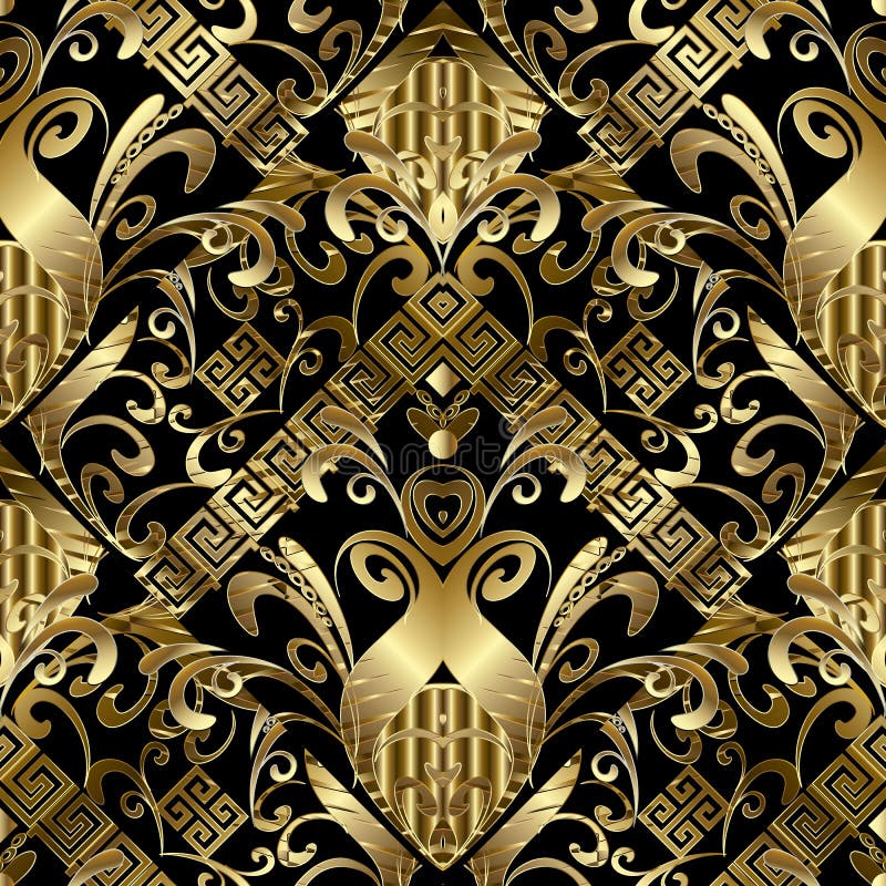 Modello senza cuciture floreale dell'oro 3d Fondo del damasco di vettore con la h illustrazione vettoriale Modello senza cuciture floreale dell'oro 3d Fondo del damasco di vettore con la h illustrazione vettoriale