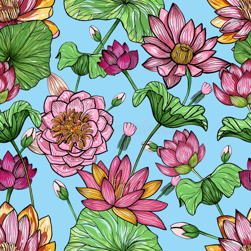 Modello senza cuciture floreale di Lotus Fondo variopinto disegnato a mano illustrazione di stock Modello senza cuciture floreale di Lotus Fondo variopinto disegnato a mano illustrazione di stock
