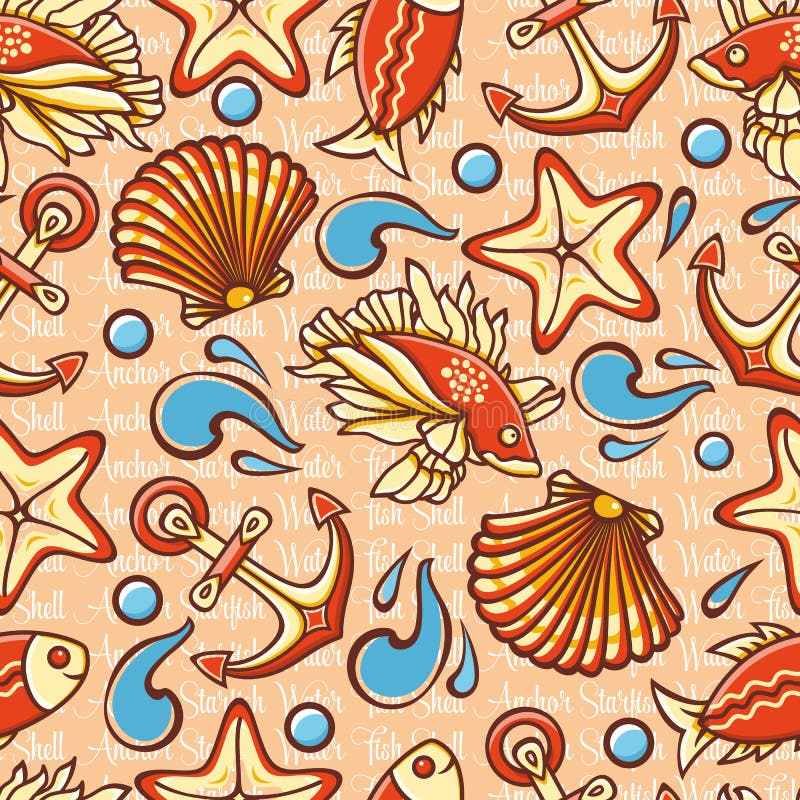 Modello senza cuciture marino con le figure variopinte Pesce e strumenti Inh del fiume e del mare illustrazione vettoriale Modello senza cuciture marino con le figure variopinte Pesce e strumenti Inh del fiume e del mare illustrazione vettoriale