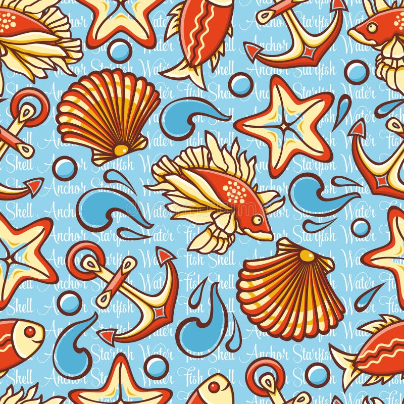 Modello senza cuciture marino con le figure variopinte Pesce e strumenti Inh del fiume e del mare illustrazione vettoriale Modello senza cuciture marino con le figure variopinte Pesce e strumenti Inh del fiume e del mare illustrazione vettoriale