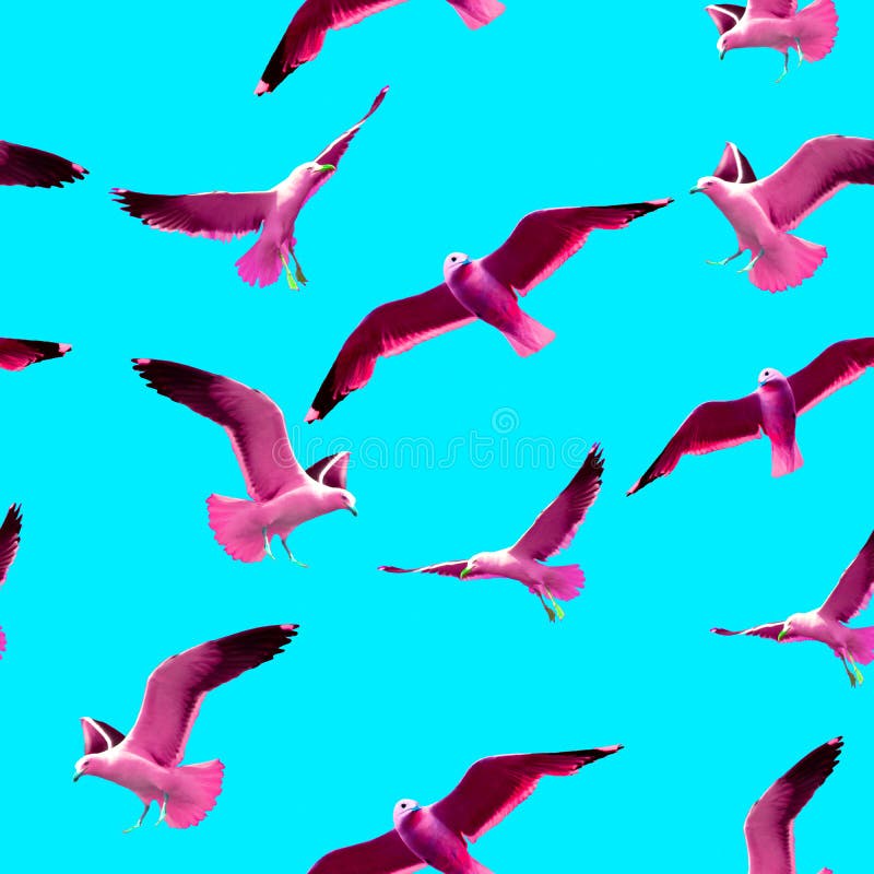 Modello senza cuciture nello stile di Pop art con i gabbiani rosa su un fondo blu illustrazione vettoriale Modello senza cuciture nello stile di Pop art con i gabbiani rosa su un fondo blu illustrazione vettoriale