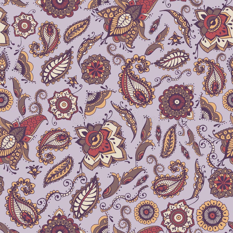 Modello senza cuciture orientale di Paisley con gli elementi persiani tradizionali di motivo e di mehndi di buta su fondo porpora illustrazione di stock