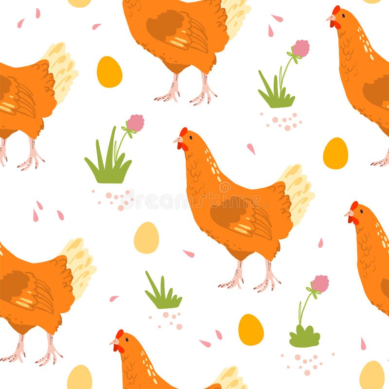 Modello senza cuciture piano di vettore con gli uccelli, le uova domestiche ed i fiori della gallina dell'azienda agricola disegn illustrazione di stock Modello senza cuciture piano di vettore con gli uccelli, le uova domestiche ed i fiori della gallina dell'azienda agricola disegn illustrazione di stock