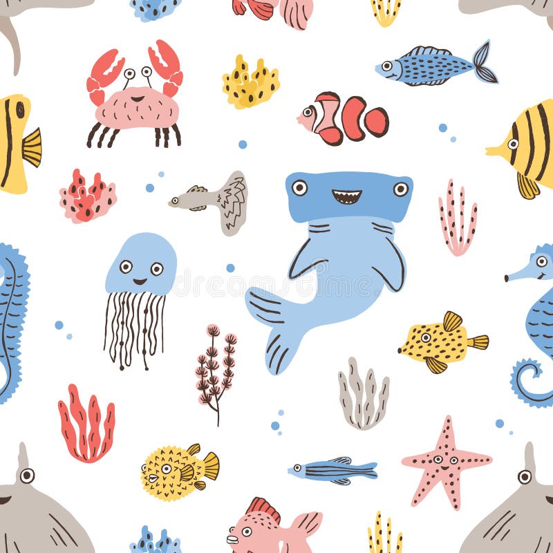 Modello senza cuciture puerile con gli abitanti divertenti dell'oceano e del mare o gli animali marini su fondo bianco Vettore va royalty illustrazione gratis Modello senza cuciture puerile con gli abitanti divertenti dell'oceano e del mare o gli animali marini su fondo bianco Vettore va royalty illustrazione gratis