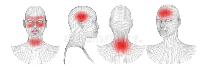 Modello a testa umana in wireframe 3d con punti di dolore illustrazione di stock