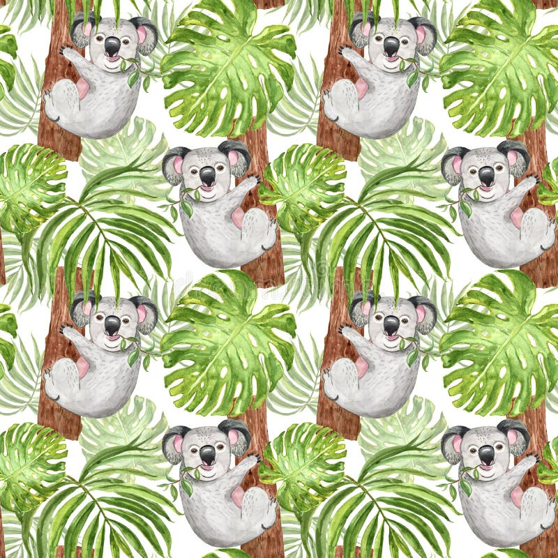 Modello tropicale dell'acquerello con l'orso di koala, la palma e la foglia di monstera su fondo bianco Stampa botanica di estate royalty illustrazione gratis Modello tropicale dell'acquerello con l'orso di koala, la palma e la foglia di monstera su fondo bianco Stampa botanica di estate royalty illustrazione gratis