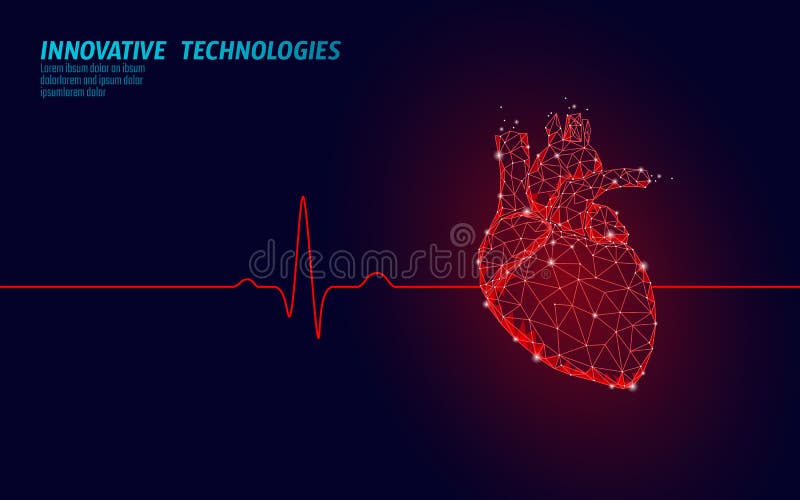 Healthy human heart beats 3d medicine model low poly. Triangle connected dots glow point red background. Pulse internal body modern anatomical shape technology render vector illustration. Healthy human heart beats 3d medicine model low poly. Triangle connected dots glow point red background. Pulse internal body modern anatomical shape technology render vector illustration