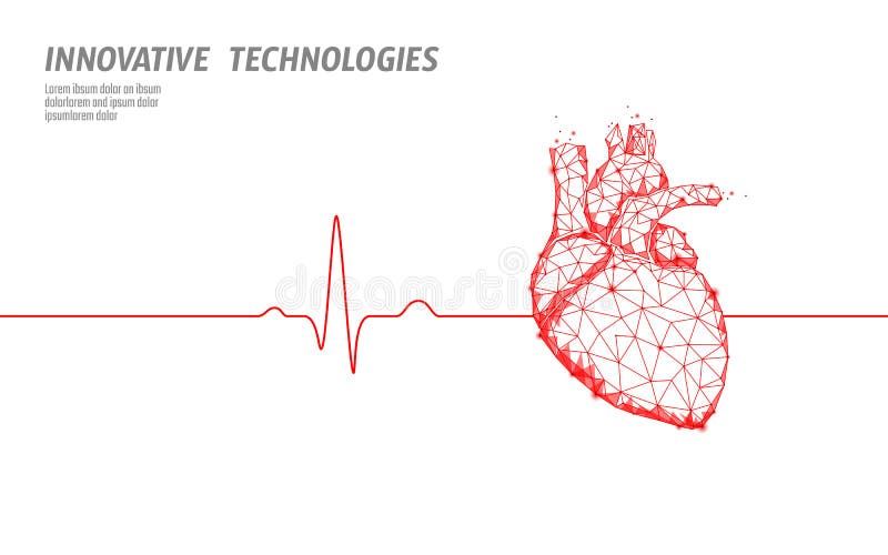 Healthy human heart beats 3d medicine model low poly. Triangle connected dots glow point red background. Pulse internal body modern anatomical shape technology render vector illustration. Healthy human heart beats 3d medicine model low poly. Triangle connected dots glow point red background. Pulse internal body modern anatomical shape technology render vector illustration