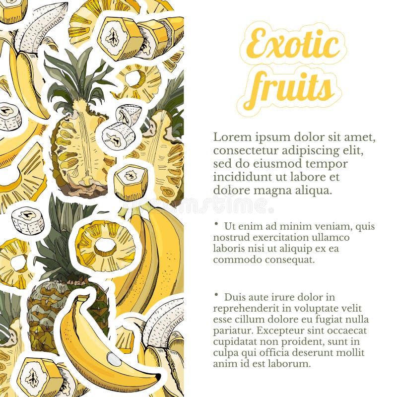 Modello verticale con gli autoadesivi dei frutti della banana e dell'ananas Interi ed oggetti affettati Abbozzo disegnato a mano royalty illustrazione gratis Modello verticale con gli autoadesivi dei frutti della banana e dell'ananas Interi ed oggetti affettati Abbozzo disegnato a mano royalty illustrazione gratis