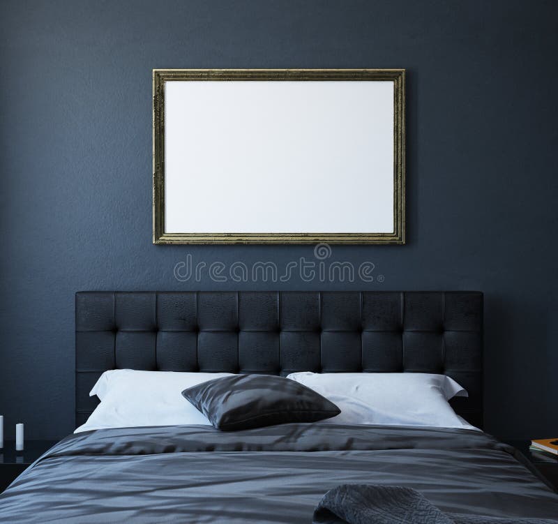 Modellplakat im dunklen Luxusschlafzimmer Innen, klassische Art stock abbildung Modellplakat im dunklen Luxusschlafzimmer Innen, klassische Art stock abbildung