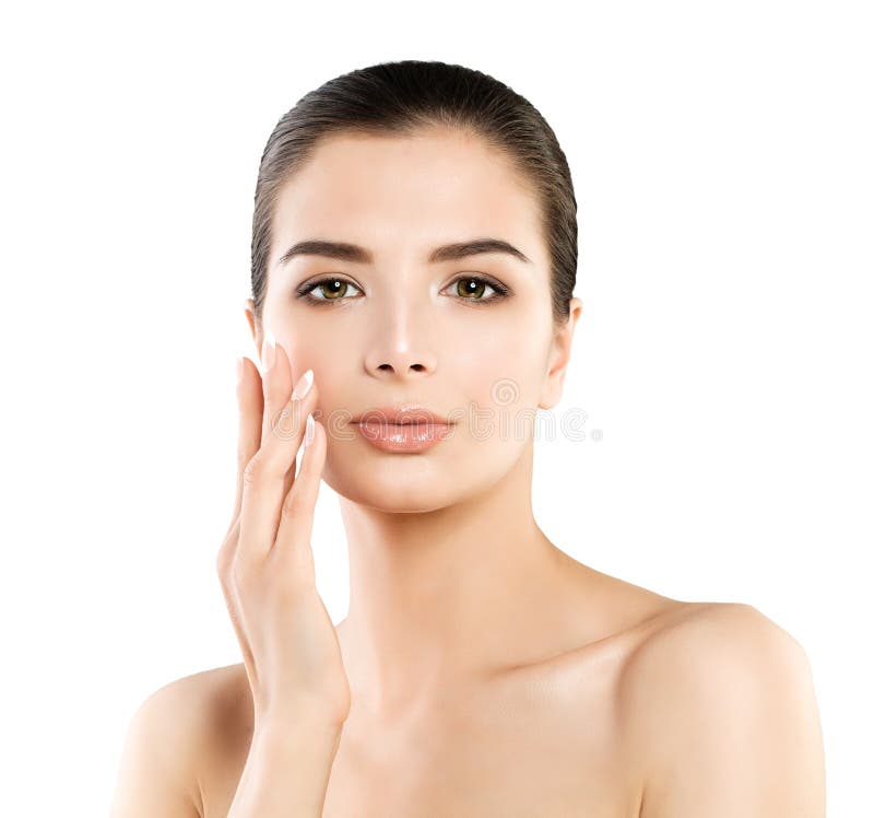Modelo bonito Woman dos termas com a pele saudável que toca em sua mão seu Fac fotografia de stock Modelo bonito Woman dos termas com a pele saudável que toca em sua mão seu Fac fotografia de stock