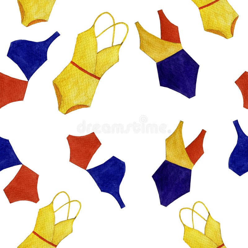 Modelo colorido del traje de baño de la acuarela inconsútil de objetos aislados en el fondo blanco libre illustration Modelo colorido del traje de baño de la acuarela inconsútil de objetos aislados en el fondo blanco libre illustration