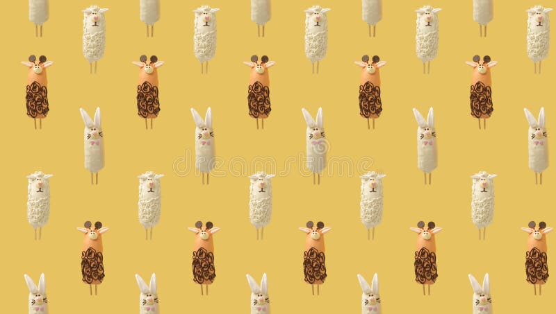 Modelo colorido que consiste en plátanos en chocolate bajo la forma de diversos animales en fondo amarillo De la visi?n superior libre illustration Modelo colorido que consiste en plátanos en chocolate bajo la forma de diversos animales en fondo amarillo De la visi?n superior libre illustration