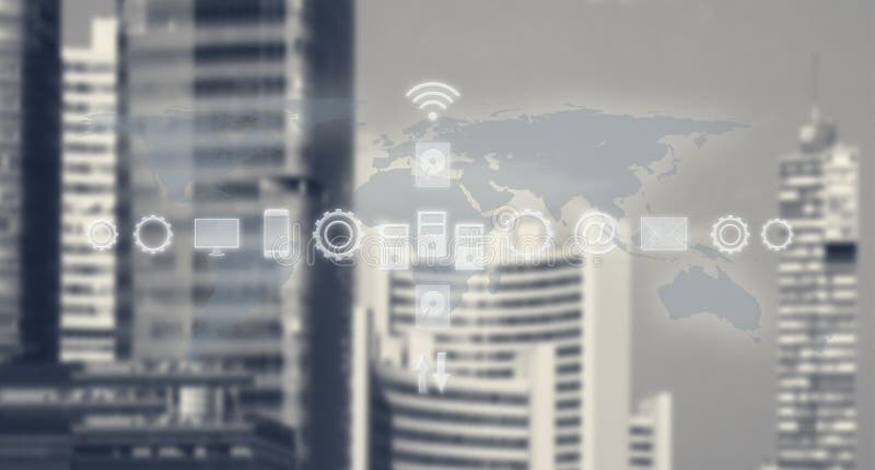 Modelo comercial global de High Tech Smart City e mapa do mundo com serviços e ícones, Internet das coisas, redes, uma comunicaçã foto de stock royalty free Modelo comercial global de High Tech Smart City e mapa do mundo com serviços e ícones, Internet das coisas, redes, uma comunicaçã foto de stock royalty free