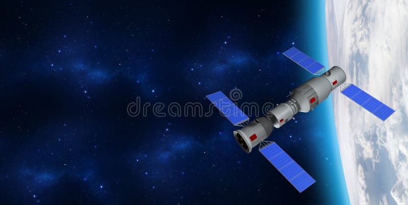 modelo 3D de la estación espacial del ` s Tiangong-1 de China que está en órbita la tierra del planeta stock de ilustración modelo 3D de la estación espacial del ` s Tiangong-1 de China que está en órbita la tierra del planeta stock de ilustración