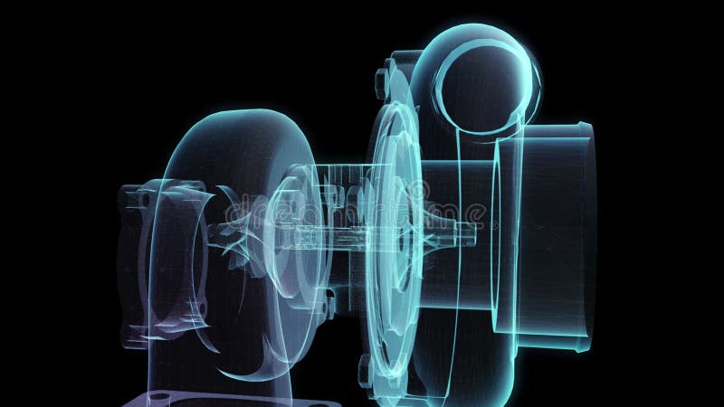 Modelo 3d polígono turbocompressor. turbina em movimento e ligada à forma