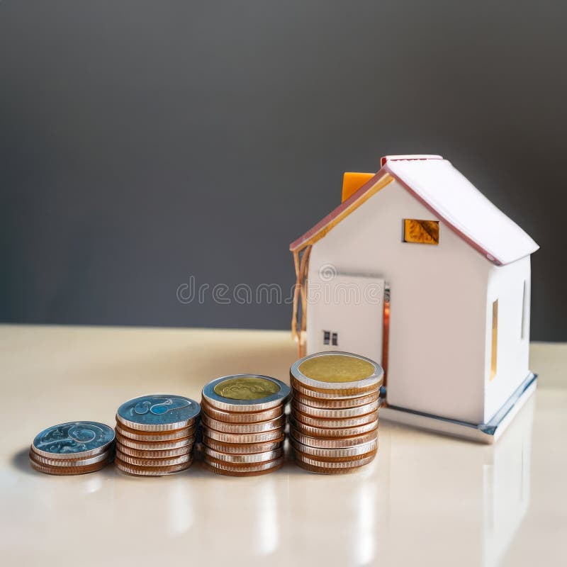 House model and coin holder money on the table for finance and banking concepts. Property investment mortgage and home rental concept earning. High quality photo. House model and coin holder money on the table for finance and banking concepts. Property investment mortgage and home rental concept earning. High quality photo