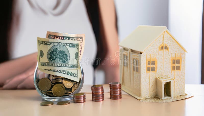 House model and coin holder money on the table for finance and banking concepts. Property investment mortgage and home rental concept earning. High quality photo. House model and coin holder money on the table for finance and banking concepts. Property investment mortgage and home rental concept earning. High quality photo