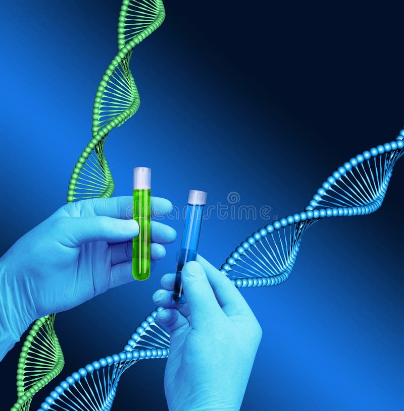 Chemist hands holding test tubes, DNA helix model background. Chemist hands holding test tubes, DNA helix model background