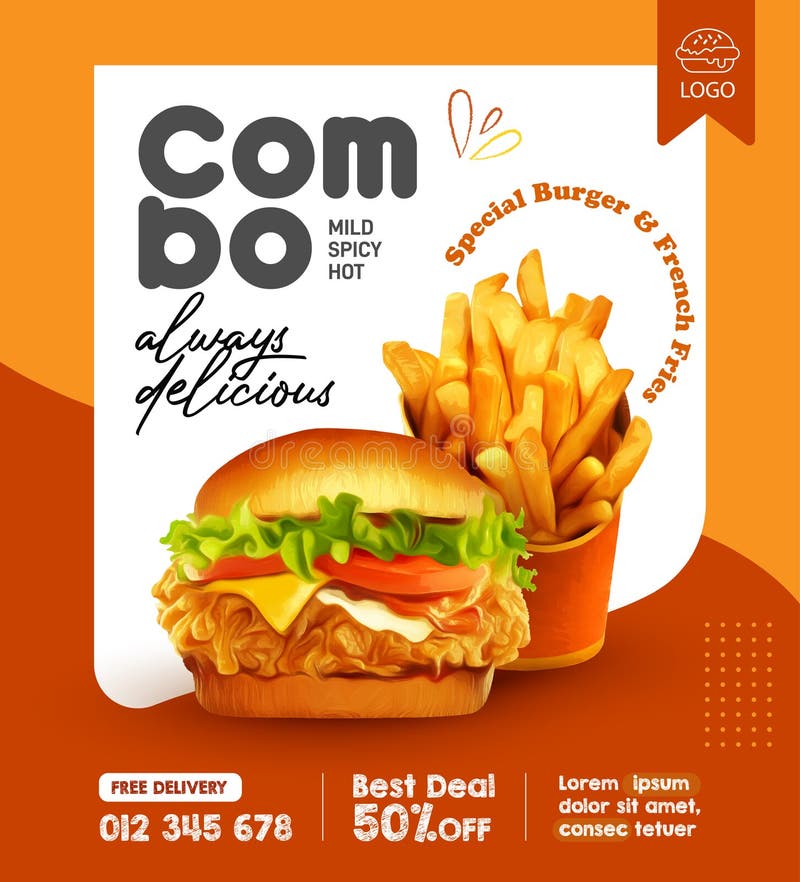 Modelo de banner delicioso de hambúrguer e menu de comida social ilustração do vetor