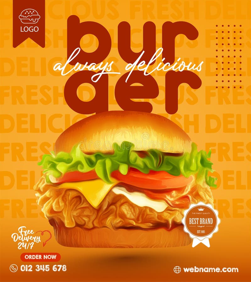 Modelo de banner delicioso de hambúrguer e menu de comida social ilustração stock