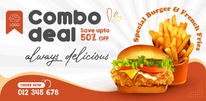 Modelo de banner delicioso de hambúrguer e menu de comida social ilustração royalty free