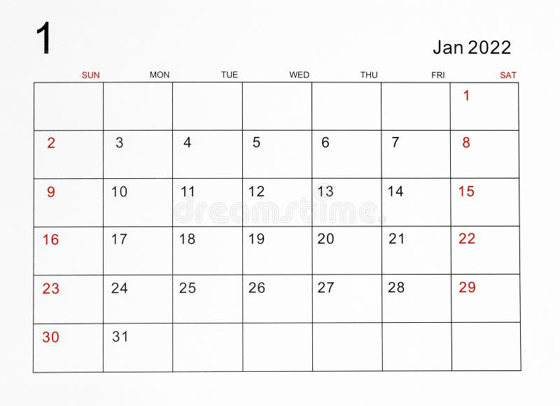 Modelo de calendário de janeiro de 2022
