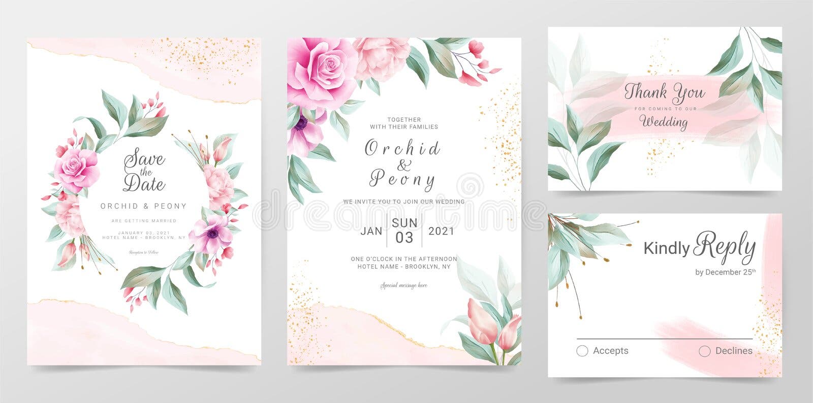 Modelo de cartão de convite para casamento elegante com decoração floral de cor d'água Moldura floral e cor dourada da água textu Modelo de cartão de convite para casamento elegante com decoração floral de cor d'água Moldura floral e cor dourada da água textu