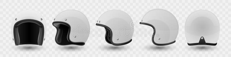 Vector 3d Realistic Blank White Glossy Classic Vintage Open-Face Motorbike Helmet Design Template for Mockup. Front, Side and Back View. Motorcycle Helmet Icon, Closeup, Isolated. Vector 3d Realistic Blank White Glossy Classic Vintage Open-Face Motorbike Helmet Design Template for Mockup. Front, Side and Back View. Motorcycle Helmet Icon, Closeup, Isolated.