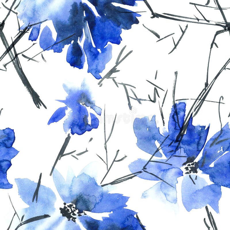 Modelo de flores azul. Ejemplo de la acuarela y de la tinta de flores azules Sumi-e, u-pecado Pintura tradicional oriental Modelo inconsútil