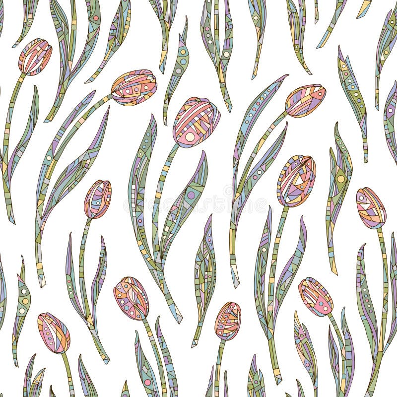 Modelo de flores de los tulipanes Fondo inconsútil floral dibujado mano del vector Textura abstracta de la naturaleza para el pap ilustración del vector Modelo de flores de los tulipanes Fondo inconsútil floral dibujado mano del vector Textura abstracta de la naturaleza para el pap ilustración del vector